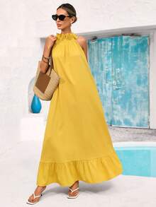 Vivid Eden 女士优雅性感3D立体花卉露背系带连衣裙，适合度假休闲穿着 - 黃色 - 查看 12