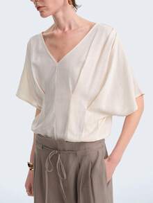 Aalyst Women's Summer Outing, Dating, New Year, Valentine's Day, Easter, Mother's Day, Music Festival, Middle Eastern, Wedding, Elegant, Vintage, Casual, Commute, Romantic, Vacation Linen V-Neck Ruffle Design Fitted Batwing Short Sleeve Bodysuit, Apricot Color - Apricot - View 3