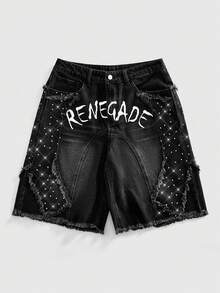 ROMWE MEN Street Life Pantalones cortos de mezclilla sueltos con diamantes brillantes para hombres - Negro - Ver 1