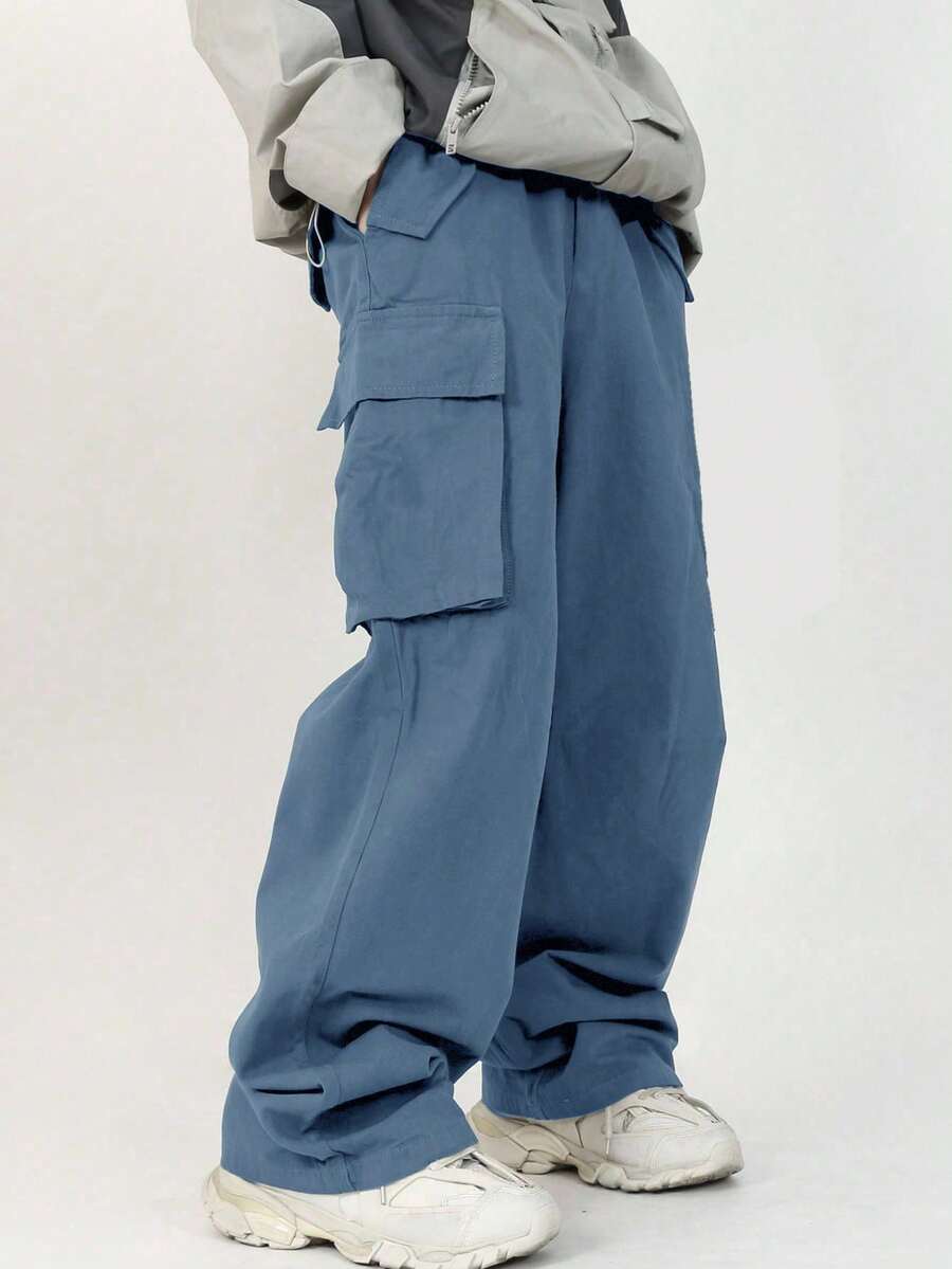 Pantalones rectos sueltos de unicolor tejidos con bolsillos laterales y parches 3D en estilo universitario de vacaciones para niño preadolescente - Neblina azul - Ver 1