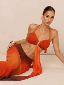 Lumalex 渐变色柔软飘逸网纱V领低腰修身长款连衣裙两件套（女款） - 橘色 - 查看 8