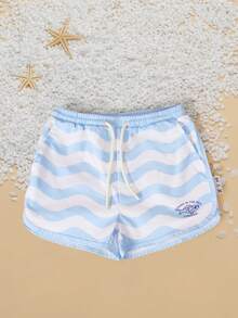 SUMWON Pantalones cortos de baño con estampado de rayas onduladas en todo el diseño, con cordón y bolsillos laterales para niños, para verano, playa, natación, vacaciones y uso casual - Celeste - Ver 1