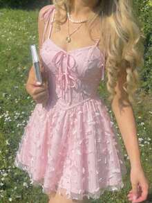 SHEIN MOD 女士优雅时尚贴花打结吊带迷你连衣裙 - 粉色 - 查看 3