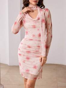 Modelyn Women's Spring/Summer Pink Knit Ruffled Neck Gathered Waist Bodycon Elegant Romantic Dress - Pink - View 3