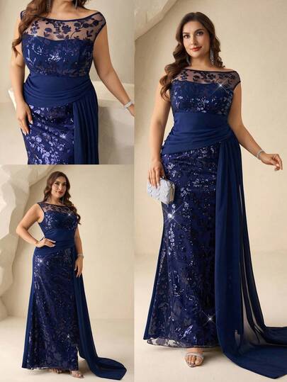 Coutiva Vestido de noche elegante de talla grande para mujer con diseño de volantes de malla de contraste con lentejuelas florales