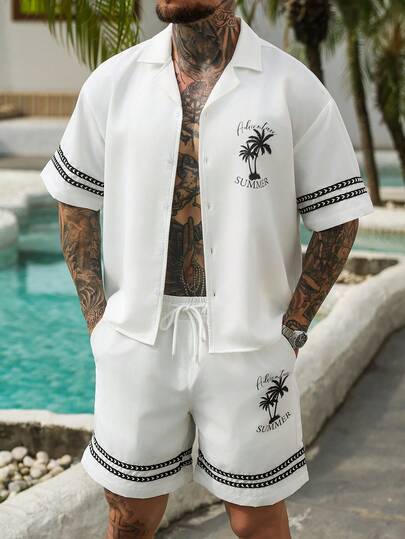 VENTUSAIL Men's Summer Casual Vacation Palm Tree & Letter Print Short Sleeve Shirt And Drawstring Waist Shorts Set,Men Old Money,Daily Leisure, Weekend Trips, Outdoor Activities, Travel Expeditions, Relaxed Work Environments Or Semi-Formal Occasions, Boyfriend/Husband Gift, Anniversary /Birthday Gift Party Summer Vacation Holiday,Wedding,Spring To Summer,Easter,Y2k,Vintage,Men's Adventure Summer Palm Tree Print Short Sleeve Button Down Casual Shirt,Men's 2 Piece Summer Sets,Men's Beach Wear Set,Men Casual White Sets,Vacation Two Piece Set Men,Men's Cruise 2 Piece Set