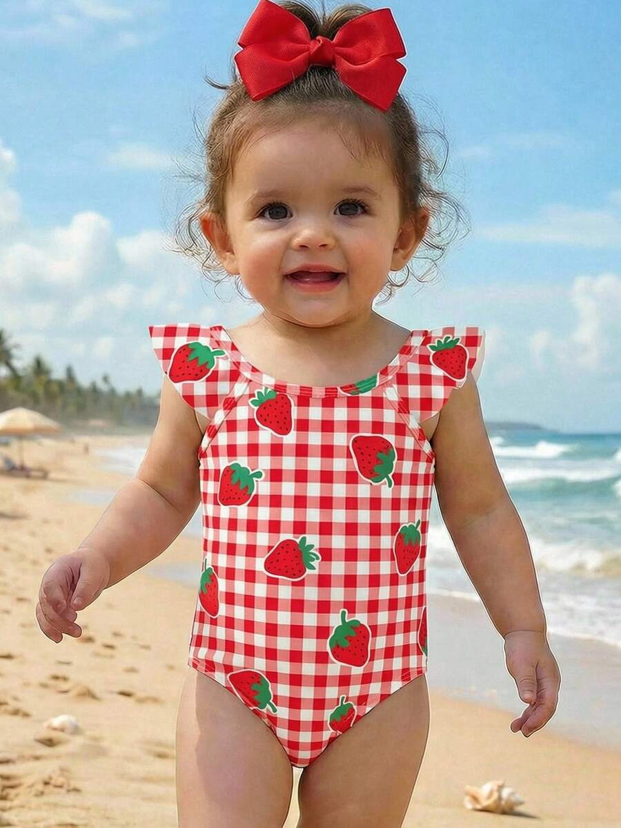 SHEIN Cute Strawberry Pattern, Retro Red & White Plaid, Beach Vacation, #Coconutgirl, Baby Girls Casual Slim-Fit One Piece Swimsuit, Suitable For Summer, Princess Chic, Little Stars, Baby Girl Swimwear, Vacay Romance - Red and White - View 1
