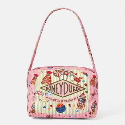 HARRY POTTER X SHEIN Bộ 1 túi đựng mỹ phẩm du lịch dung tích lớn, họa tiết kẹo và tráng miệng, thiết kế vải nhung kẻ.