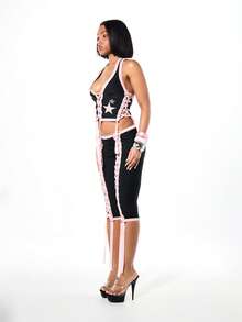 SUMWON WOMEN 星形印花撞色包边系带露背短款上衣，粉色饰边细节，系带闭合 - 粉色 - 查看 4