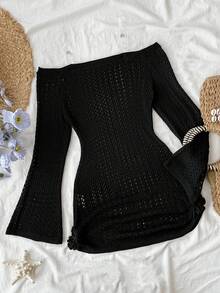 SHEIN Tween Girl Off Shoulder Knot Side Cover Up Dress Without Bikini Summer - Black - View 2