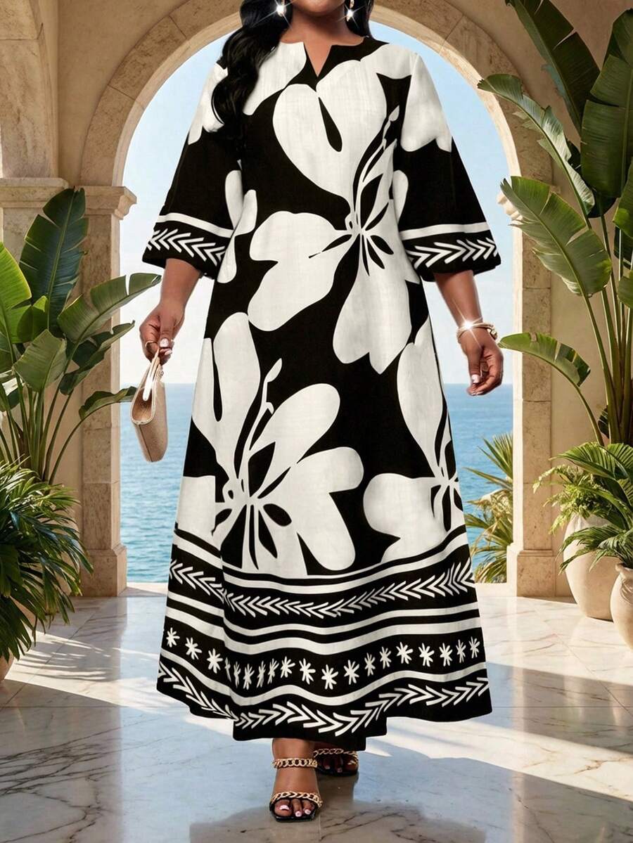 SHEIN Lady 女士印花V领长袖宽松连衣裙，度假风 - 黑與白 - 查看 1
