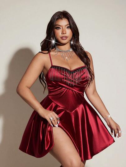 Viva Relle Plus Size Women's Elegant Party/Banquet/New Year/Celebration Dress, Stretchy Knit Fabric, Adjustable Straps, Solid Color High-End Glittering Tassel Design, Flared Skirt, Suitable For Sisters Gathering, Valentine's Day