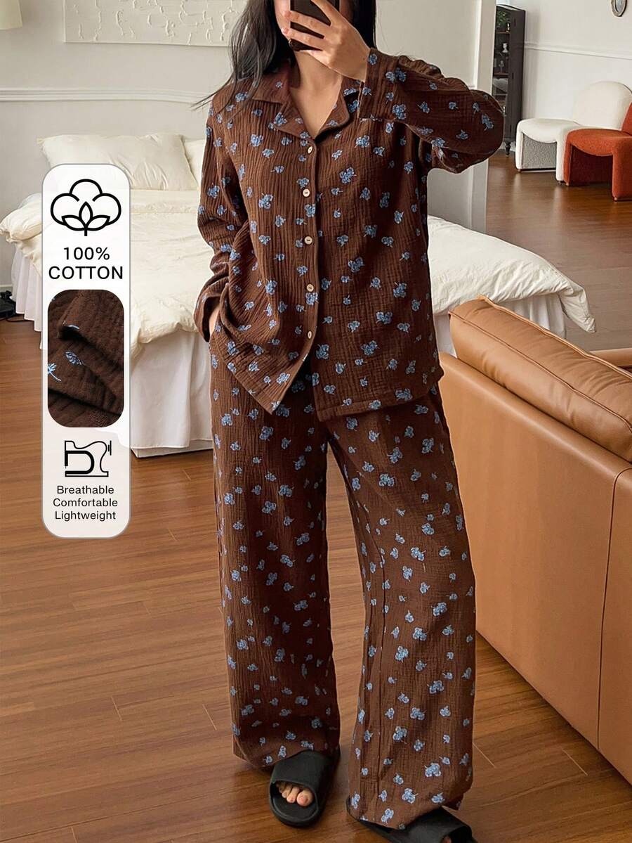 DAZY Floral Textured Chiffon Fabric Loose Women Pajama Set - Brown - View 1