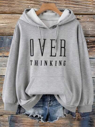 EMERY ROSE Plus Size Women Letter Embroidery Sweatshirt, Casual Loose Fit Retro American Style Sweatshirt For Women Women Sweatshirts Women's Sweatshirts Grey Sweatshirt Sweatshirt