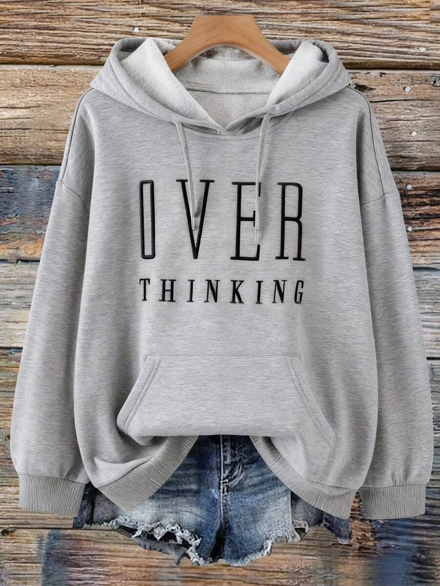 EMERY ROSE Plus Size Women Letter Embroidery Sweatshirt, Casual Loose Fit Retro American Style Sweatshirt For Women Women Sweatshirts Women's Sweatshirts Grey Sweatshirt Sweatshirt - Light Grey - View 1