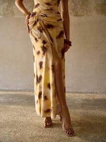 MOTF PREMIUM ELEGANT ROMANTIC COLORFUL TIE DYE WATERCOLOR PRINT RUCHED HIGH SLIT SKIRT FOR VACATION - Multicolor - View 5