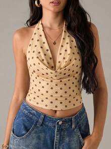SHEIN BAE 女士波点露背系带时尚百搭上衣，适合约会和派对 - 淡黃色 - 查看 3