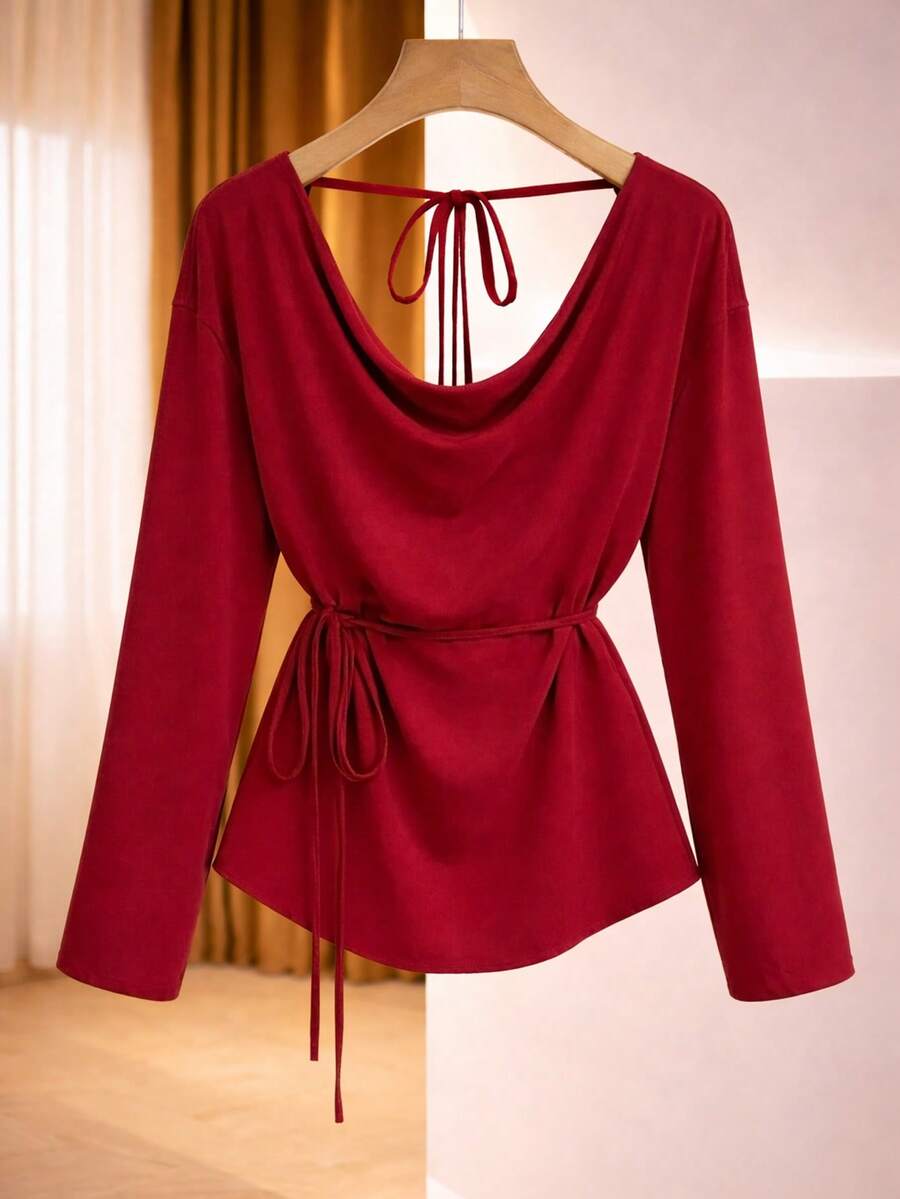SHEIN Franclia Women's Elegant Sexy Backless Draped Neck Blouse, Vintage Aesthetic Fashion, Versatile For Work, Dates, Events, Comfortable Fabric, Flattering - Red - View 1