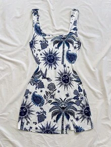 Soleia Vestido corto casual de tirantes finos con estampado para vacaciones - Azul y blanco - Ver 3
