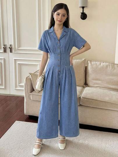SHEIN Teen Girls Lapel Short-Sleeved Solid Color Button Denim Jumpsuit, Elegant & Stylish, & Cool,Teen Girls Casual Two Pieces,Unity Striped Print Backless Button Up Casual Sleeveless Jumpsuit Fall Cloth For Women,Casual Jumpsuits For Women, Holiday Outfits For Women,Summer Holiday Outfits,Girls Spring Clothes Outfits,Valentines Day Outfit