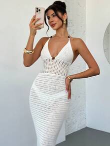 Firerie Women's Sexy Spaghetti Strap V-Neck Hollow Out Wooden Bead Fitted Knit Dress, Vacation Spaghetti Strap Backless Ombre Dress For Holiday, Date, Afternoon Tea, Music Festival, Boho - White - View 5