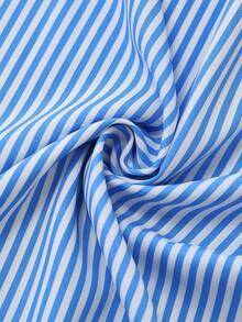 GlowEve Women's Striped Pattern Lapel Design Waist A-Line Dress, Elegant And Charming For Holiday, Commute, Music Festival, Date, French Riviera, Beach, Street Style, Versatile, Spring/Summer, Light Blue Striped New Arrival Puff Sleeve Midi Dress - Blue and White - View 4