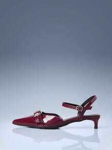 CUCCOO GRLICON Wine Red Patent Leather Pointed Toe Thin Heel Commuter High Heels With Metal Buckle Strap - Burgundy - View 2