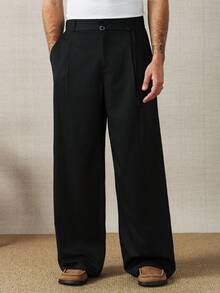 Manfinity Homme Men's Solid Color Pleated Button Relaxed Fit Casual Wide Leg Pants Japanese Pants For Men - Black - View 6