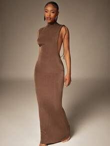 Denimoi 低袖侧镂空长款连衣裙，性感连衣裙，适合闺蜜约会之夜和度假穿着。 - 棕色 - 查看 4