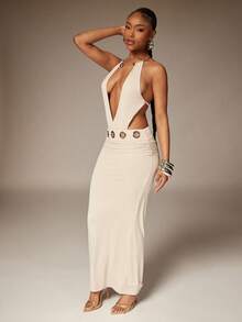 Denimoi O型环镂空深V领露背连衣裙性感度假连衣裙GNO - 白色 - 查看 5