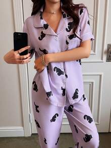 Hand-Painted Animal Print Short Sleeve & Pants Women Lapel Cardigan Pajama Set - Mauve Purple - View 7