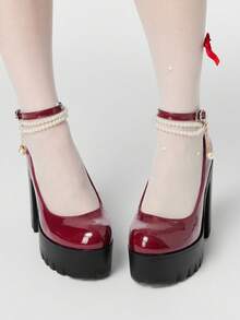 ROMWE Kawaii Giày cao gót đế xuồng thời trang và thanh lịch dành cho nữ, phong cách Punk Gothic với ngọc trai giả và dây xích kim loại co giãn, quai đeo mắt cá chân có khóa cài, đế dày chống thấm nước, thích hợp cho tiệc tùng, lễ hội, hộp đêm, đi làm, phong cách thập niên 2000. - Rượu vang - Xem 4