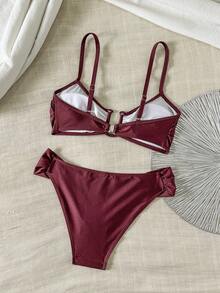Swim Chiccia 新款夏季U型钢圈比基尼，优雅性感两件式泳衣套装，配有可调节细肩带和高腰拼接设计，适合度假海滩穿着 - 酒紅色 - 查看 3