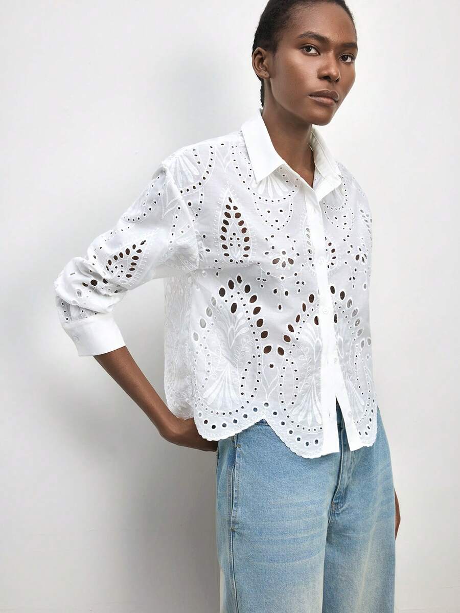 Maija White Summer Elegant Romantic Brunch Vacation Eyelet Embroidery Blue Floral Geometric Pattern Women Shirt Top Beach Vacation Outfits Casual Blouses - White - View 1