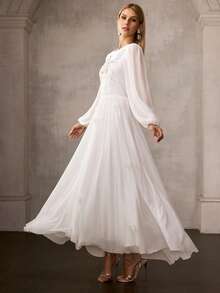 MOTF Soiréza 女士新款白色雪纺长袖松紧腰长款正式舞会礼服，高端宴会走秀晚礼服 - 白色 - 查看 4