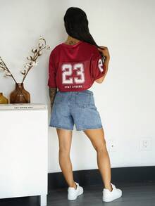 SAYEHFBABY 女士网眼拼接缎面印花短袖短款绿色上衣 - 酒紅色 - 查看 2