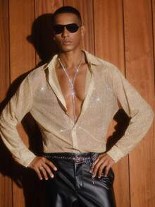 AKNOTIC 男士针织休闲日常宽松短袖衬衫 男士水钻衬衫 男士闪亮衬衫 男士亮片衬衫 男士亮面衬衫 男士金色衬衫 - 金色 - 查看 5