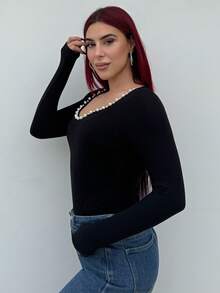 Bearsaez Women's Faux Pearl Sweetheart Neck Bodysuit, Long Sleeve - Black - View 4