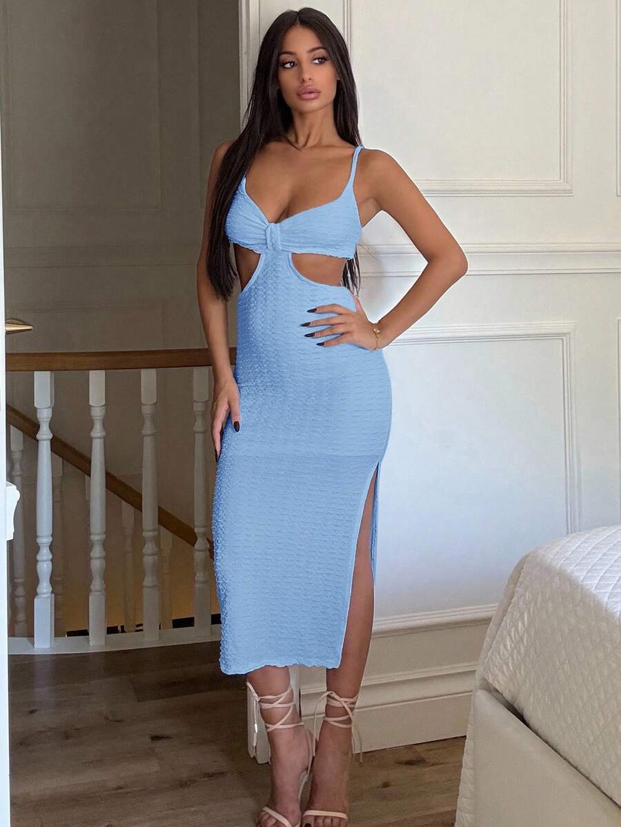 Ronhire Vacation Casual Sexy Lattice Back Camisole, Textured Fabric,Pastel Dresses For Women - Baby Blue - View 1