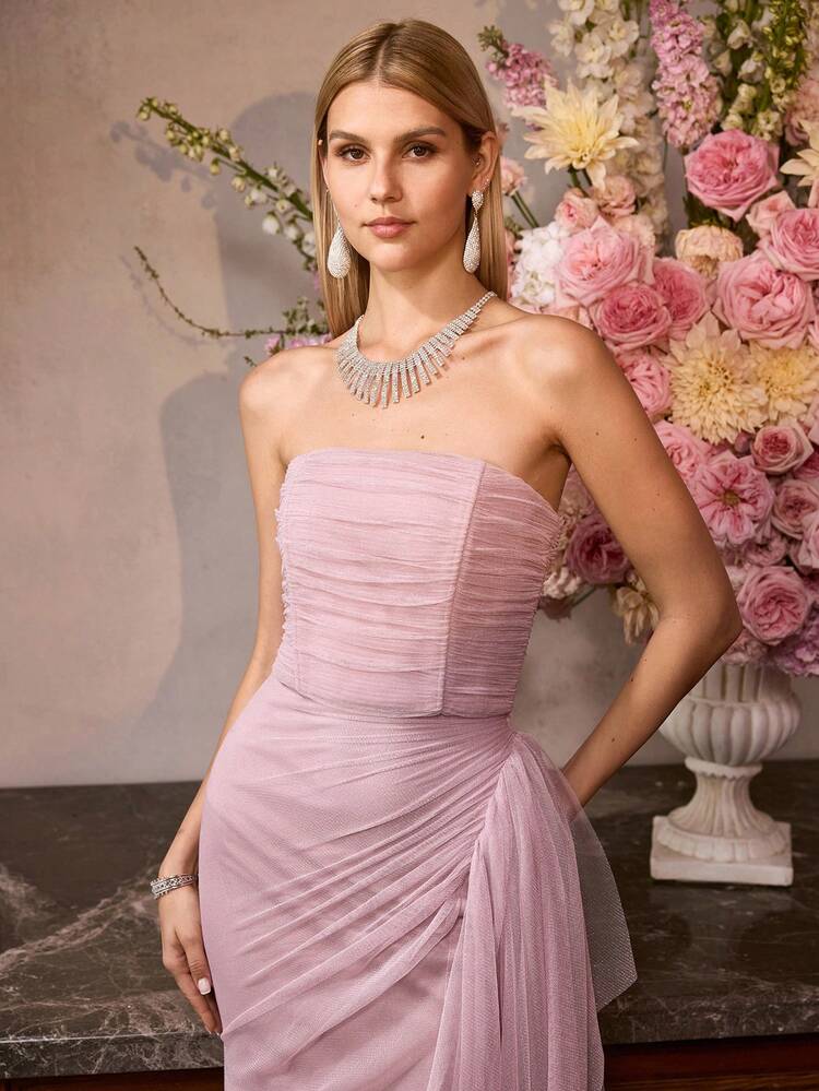MOTF Soiréza WOMEN'S STRAPLESS PLEATED MESH LONG DRESS