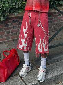 Manfinity Roghcode Men's Street Style Patch & Embroidered Red Denim Shorts Men's Flame Shorts Men's Street Wear Shorts - Flame scarlet - View 8