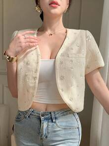 DAZY Women's Elegant Sequin V-Neck Faux Pocket Petal Sleeve Blazer Jacket, Summer - Beige - View 7