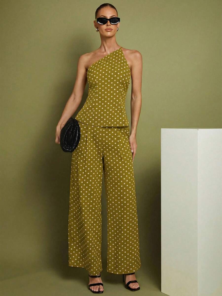 COSMINA Bộ đồ 2 món dành cho nữ: Áo không tay cổ lệch in chấm bi và quần dài. - Màu Mù tạt vàng - Xem 1