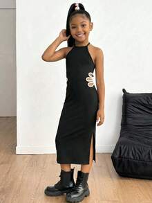 SHEIN Tween Girls' Black Knit Sleeveless Snug Fit Mini Dress With Cutout Waist And Contrast Trim, Versatile All-Match Dress For Spring/Summer - Black and White - View 4