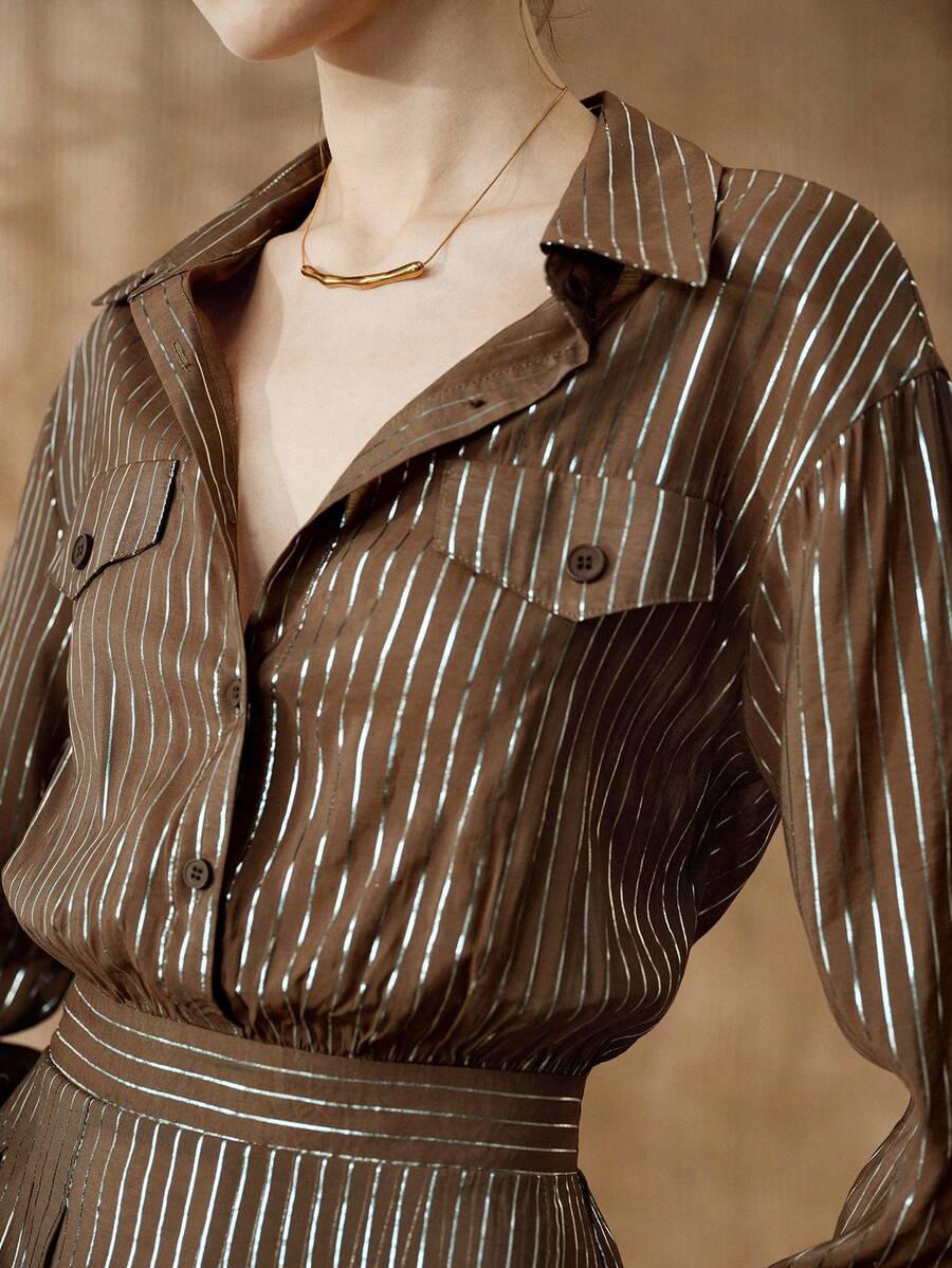Arave Women's Woven Cotton Blend Metallic Silver Thread Fabric Shirt Collar Small Drop Shoulder Long Sleeve Cinched Waist Full Button Design Casual Long Dress - Coffee Brown - View 1