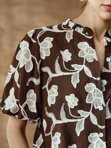 Arave Women's Embroidered Front Button Petal Sleeve Elegant Blouse - Coffee Brown - View 2