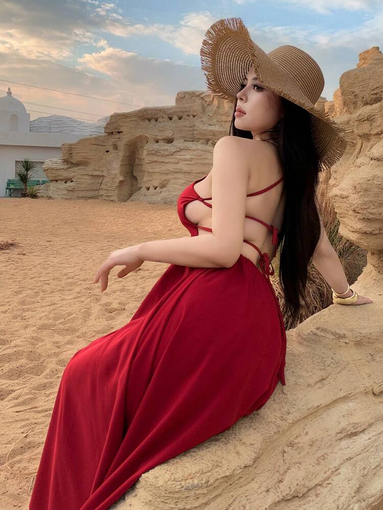 Women's Elegant Solid Color Backless Tie Strap Mid-Length Dress, Summer,Wedding Guest Dress Women Sundress