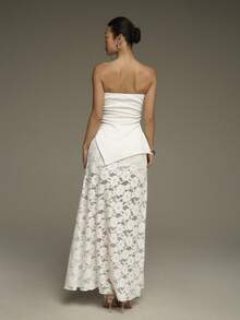 COSMINA Asymmetric Hem Crop Top And Lace Skirt Set, Slit Design, Women's Wedding Guest Outfit, Women's Summer Outfit, White Women's Wedding Suit, Women's Party Outfit, Daily Wear, Street Style - White - View 2