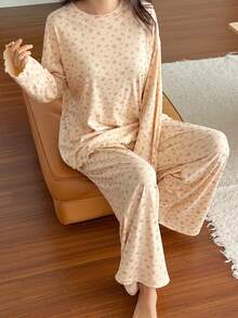 DAZY Ditsy Floral Loose Comfortable Long Sleeve Top And Pants 2 Pieces Pajama Set For Women, Spring - Apricot - View 6