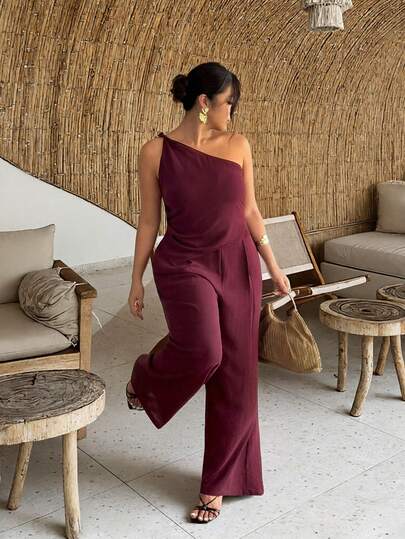 Firerie Plus Size Women Casual Solid Color Asymmetric One Shoulder Top And Elastic Waist Pants Set, Daily Commute Pants Set, Women's Work Suit, Color Women's Suit, Spring/Summer Clothing, Commute, Elegant, Work Outfit, Teacher's Day
